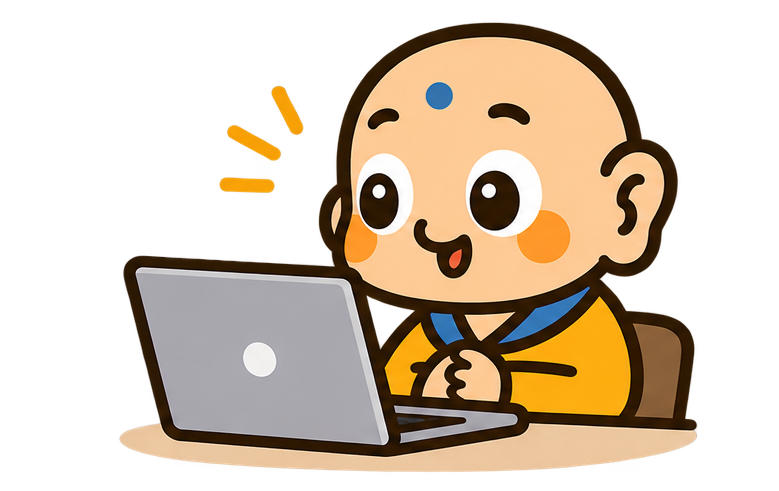 ノートパソコンの前で話を聞く小坊主のイラスト