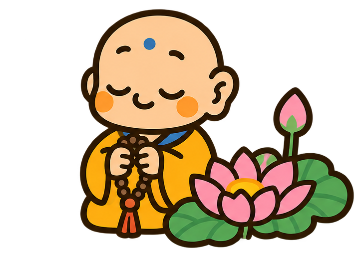 数珠を持ち蓮の花のそばにいる小坊主のイラスト