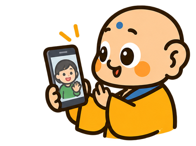 スマートフォンでビデオ通話をする小坊主のイラスト
